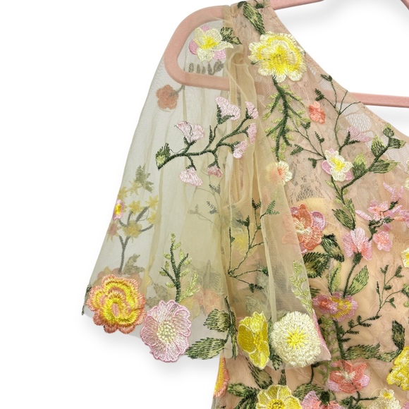 Mac Duggal NEW Yellow Floral One Shoulder Lace Embroidered Midi Dress - Size 10 - Picture 8 of 15